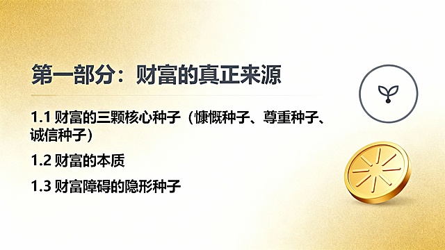 《财富与债务的真相——种子法则深度解析》



- 为什么有人轻松赚钱却留不住？有人负债累累却莫名翻盘？
- 你种过"财富的种子"吗？还是一直在收割"债务的果实"？

 财富不是赚来的，是种出来的；债务不是倒霉，是曾经种下的因成熟了。

第一部分：财富的真正来源（15分钟）

1.1 财富的三颗核心种子

慷慨种子	主动给予、布施、帮助他人成功	机会主动找上门，贵人相助	
尊重种子	尊重他人财物、按时付款、不浪费	财务稳定，资产保值	
诚信种子	信守承诺、言行一致、不欺诈	长期信任资本，合作顺畅	

1.2 财富的本质：曾经帮他人获得财富的回响
- 经典公案：麦克·罗奇格西从负债到钻石帝国的故事
- 核心逻辑：你让他人拥有财富的能力，决定了你自己财富的边界

1.3 财富障碍的隐形种子
- 嫉妒他人成功 → 阻碍自己丰盛
- 占小便宜、拖欠款项 → 财务漏洞
- 对金钱的恐惧和焦虑 → 推开财富能量

---

第二部分：债务从何而来？（15分钟）

2.1 债务的四类种子根源

① 过去"拿走"的种子成熟
- 曾让他人蒙受损失（哪怕是无意的）
- 占用他人资源而不感恩回馈

② 承诺未兑现的业力
- 答应的事没有做到
- 信用透支，"言而无信"的种子

③ 恐惧与匮乏的投射
- 内心"我不够"的频率吸引债务实相
- 用借贷填补内在的空洞

④ 伤害他人财务安全感
- 让他人担心钱、为钱焦虑
- 破坏他人的经济稳定

2.2 关键洞见：债务是"提醒"而非"惩罚"
- 债务是过去种子的成熟，也是重新选择的机会
- 面对债务的态度，决定下一颗种子是什么

---

第三部分：翻转方程式——从债务到财富（15分钟）

3.1 四步翻转法

步骤	行动	内在转化	
看见	列出债务，不逃避	从羞耻到承担	
感恩	感谢债务带来的成长	停止对抗，接纳当下	
止损	停止种下"新债务种子"	清理旧模式	
重种	主动种下财富三颗核心种子	创造新未来	

3.2 实操工具：每日"财富种子日记"

```
今天我给出去的是什么？（时间/资源/支持）
今天我尊重他人的财物了吗？
今天我信守承诺了吗？
```

3.3 关键心法：先给出去，信任循环
- 即使在负债中，也要保持给予（哪怕是一元、一句鼓励）
- 打破"等我有钱了再给予"的逆向思维

---

第四部分：原生家庭与财富模式的深层链接（8分钟）

（呼应你之前关注的原生家庭主题）

- 父母的金钱观如何成为你的"初始种子库"
- 识别家族财富模式：是"匮乏-挣扎"还是"流动-信任"
- 清理不是背叛，而是为自己种下新的可能

一句话总结：

> 你不是在重复父母的命运，你是在用当下的每一个选择，重写家族的财富基因。

---

收尾与行动召唤（2分钟）

核心金句：

> 财富是你曾经慷慨的回响，债务是你曾经亏欠的提醒。种子从不失误，你永远是自己的园丁。

行动作业：
1. 本周找到一个机会，帮助他人获得财富或成功
2. 检视一个未兑现的承诺，去完成或真诚道歉
3. 开始写"财富种子日记"，连续21天

按以上文字设计6张PPT
