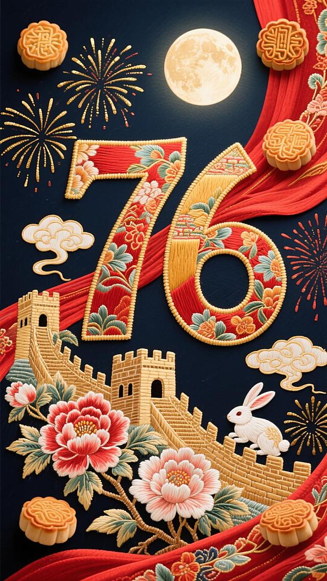 灵感基础，是中秋节的“团圆” 与国庆节的“欢庆” 的完美结合。明月象征团圆与思念，烟花与红绸则代表国家的繁荣与庆典，二者同框，意境深远，牡丹与祥云点缀数字， 这是“盛世”的描绘。牡丹是繁荣富贵的传统象征，祥云代表吉祥与好运。它们融入“76”，直接表达了对国运昌隆、盛世花开的美好祝愿。