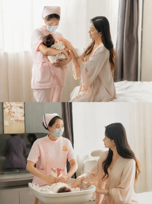 参考图片的风格，生成医护人员和新手妈妈照顾新生儿的温馨场景，分为上下两个分栏画面，保留整体构图和暖色调氛围感，删除图片上的所有文字预览效果