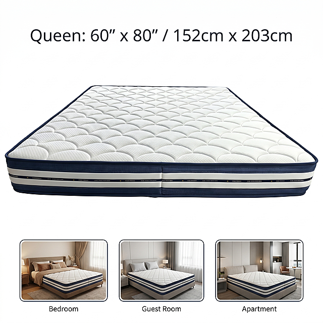 Fourth main image for mattress: show size specification and scenarios compatibility. Keep the same style as previous images. Display the mattress dimension markings with both inches and centimeters: "Queen: 60" x 80" / 152cm x 203cm". Add small thumbnail previews showing this mattress fits in bedroom, guest room and apartment. All text in English, clear size information helps customers choose. Consistent light and color scheme with previous images. 1:1 square, 2K resolution. Negative prompt: wrong dimension, unclear text, style mismatch