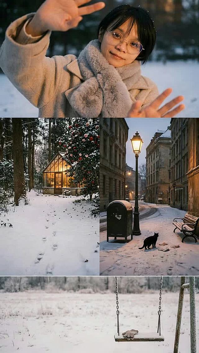 雪夜暖光中的温柔瞬间，复古胶片风与轻拟物拼贴交织，光影柔和，静谧唯美，传递冬日的温馨与梦幻。