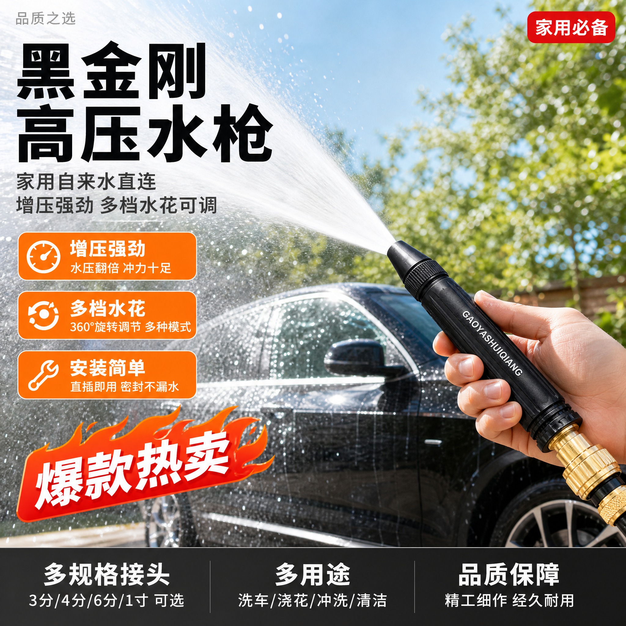 [主图-1 首图] 黑金刚高压水枪首图（户外洗车场景 爆款促销… - 图片创意预览