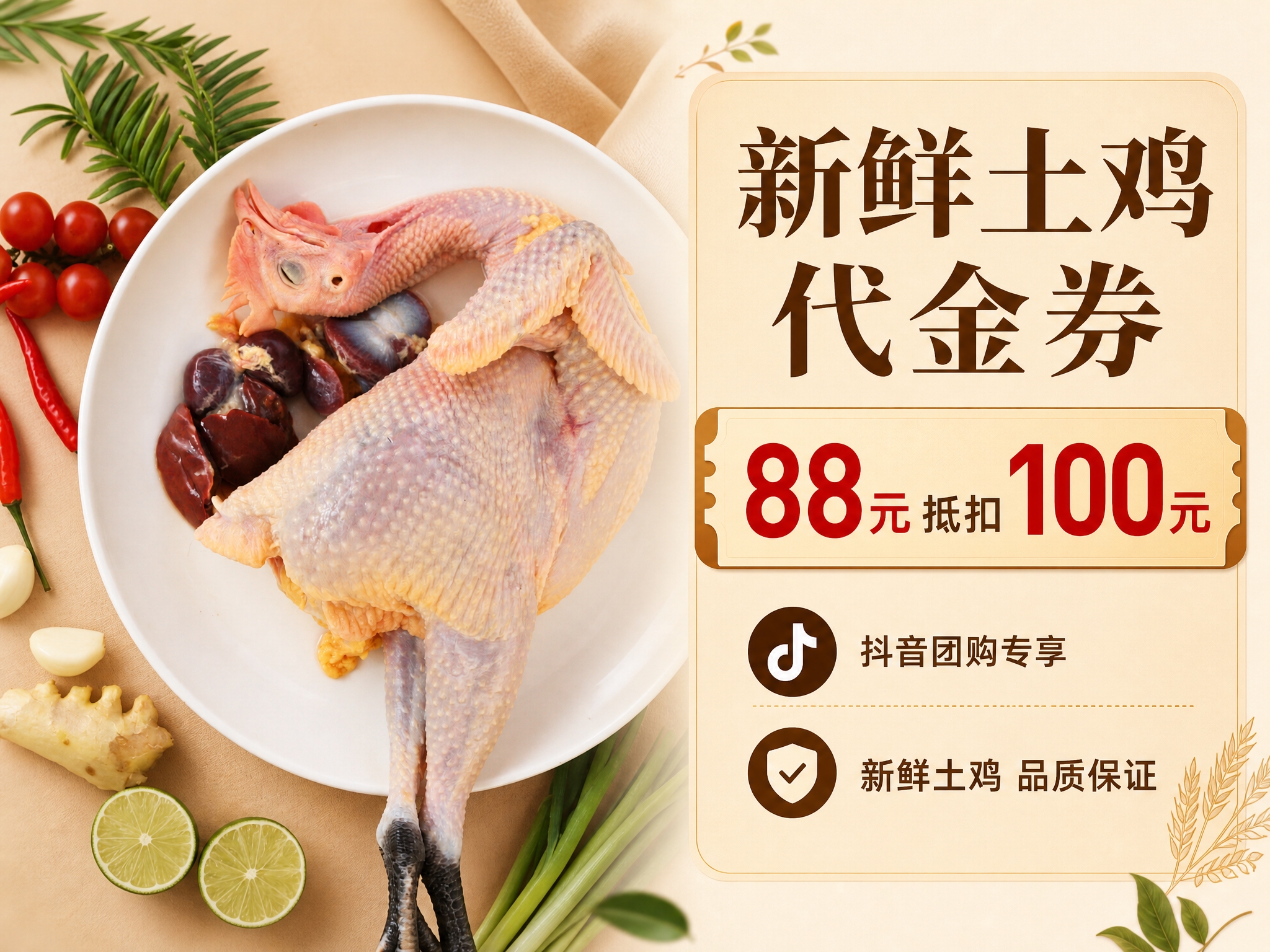 抖音团购代金券海报，4:3比例。画面左侧为新鲜土鸡产品图（土鸡… - 图片创意预览