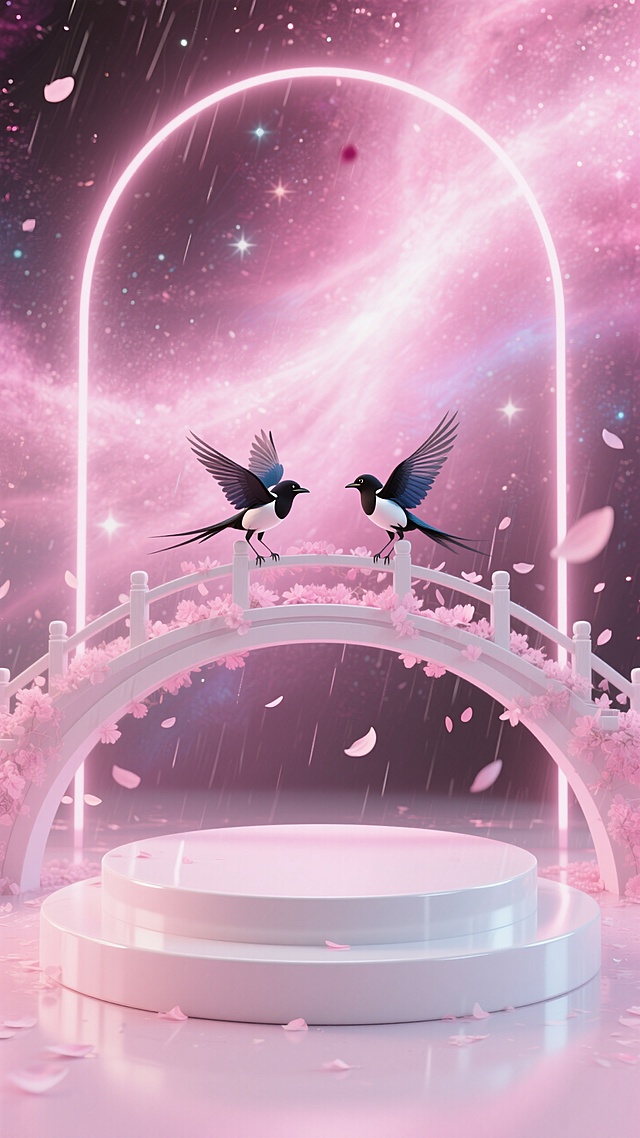 梦幻粉白色圆形展台，展台后面有两只小喜鹊飞在鹊桥上面，花瓣雨，背景是粉色星云，霓虹光效。