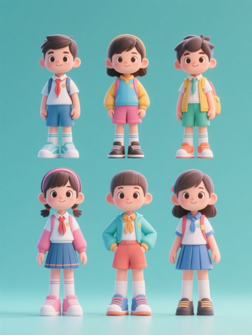 6个不同穿搭的学生系列素材集合，每个学生穿着不同款式的校服，保持3D立体风格、卡通可爱的人物造型、明亮的色彩搭配和细腻的材质表现，角色姿态自然生动，整体画面采用纯色背景，画面整体色彩变换且和谐统一，所有学生规整排布，形成视觉上的有序感和系列感预览效果