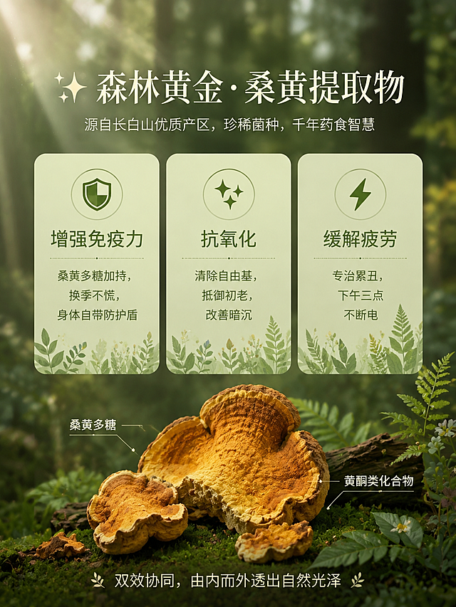延续原图森林自然清新的森系光影风格，电商详情页第四屏三大功效功能清单型设计：背景为柔和的森林绿植光影效果，三个圆角卡片并列排布，每张卡片分别搭配对应图标与文案：1.🛡️ 卡片配文案"增强免疫力 | 桑黄多糖加持，换季不慌，身体自带防护盾"；2.✨ 卡片配文案"抗氧化 | 清除自由基，抵御初老，改善暗沉"；3.⚡ 卡片配文案"缓解疲劳 | 专治累丑，下午三点不断电"；页面主标题为"✨ 森林黄金·桑黄提取物"，主标题下方小字文案"源自长白山优质产区，珍稀菌种，千年药食智慧"，页面底部添加小字文案"双效协同，由内而外透出自然光泽"，页面搭配桑黄精致手绘实拍图，旁侧标注"桑黄多糖"、"黄酮类化合物"，整体色调与原图的清新森系绿色调保持统一，画面精致高级