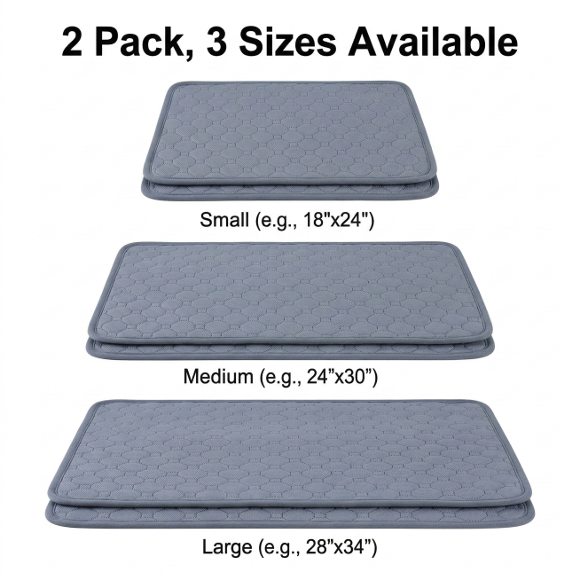 3个尺码两件装宠物尿垫白底主图，灰色六边形纹理产品完整展示，无背景，顶部英文大标题"2 Pack, 3 Sizes Available"突出显示，画面清晰产品完整，1200×1200像素预览效果