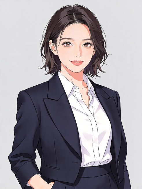 一位年轻美女的职场专业形象照，偏写实漫画风格，标准焦段50mm,f/4光圈,平视视角；人物占画面70%,人物居中,位于画面中心,为视觉聚焦点,半身像；左右留少量背景空间；头部与画面顶部保留5%空间；头预览效果