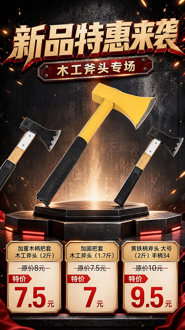 一张木工斧头新品特惠促销海报，竖版9:16，硬朗工业风，立体主图产品展示，红金促销氛围。画面顶部是醒目的大标题"新品特惠来袭"，下方副标题"木工斧头专场"。画面中下部展示三款斧头产品，以立体悬浮+阶梯展台的方式陈列，主次分明：【图1】黄铁柄斧头（大号2斤手柄34）作为主推产品放大居中，【图2】木柄把套木工斧头以两个规格分列两侧稍小。产品均为立体商业摄影质感，有明显的光影和投影，斧头金属部分有高光反射，木质手柄纹理清晰，整体立体感强。背景采用深色工业风渐变，带有金属质感纹理和光斑点缀，营造硬朗可靠的氛围。画面下方是价格信息区，三个产品价格卡片整齐排列，每张卡片包含产品名称、原价划线、特价红色大字。所有斧头产品100%还原上传商品图的外形、结构、材质、颜色与比例，以上传图为唯一商品主体来源，设计仅作用于背景、光影、道具、版式和文字区。画面中必须完整呈现以下文字信息：主标题"新品特惠来袭"，副标题"木工斧头专场"，产品1"加重木柄把套木工斧头（2斤）原价8元 特价7.5元"，产品2"加固把套木工斧头（1.7斤）原价7.5元 特价7元"，产品3"黄铁柄斧头 大号（2斤）手柄34 原价10元 特价9.5元"。画面中所有数字必须精确渲染，不得错位、遗漏或编造。画面中所有信息区域、价格卡片必须填充完整合理的内容，不得出现空白框。版式精美，层级分明，促销感强，整体风格统一协调。