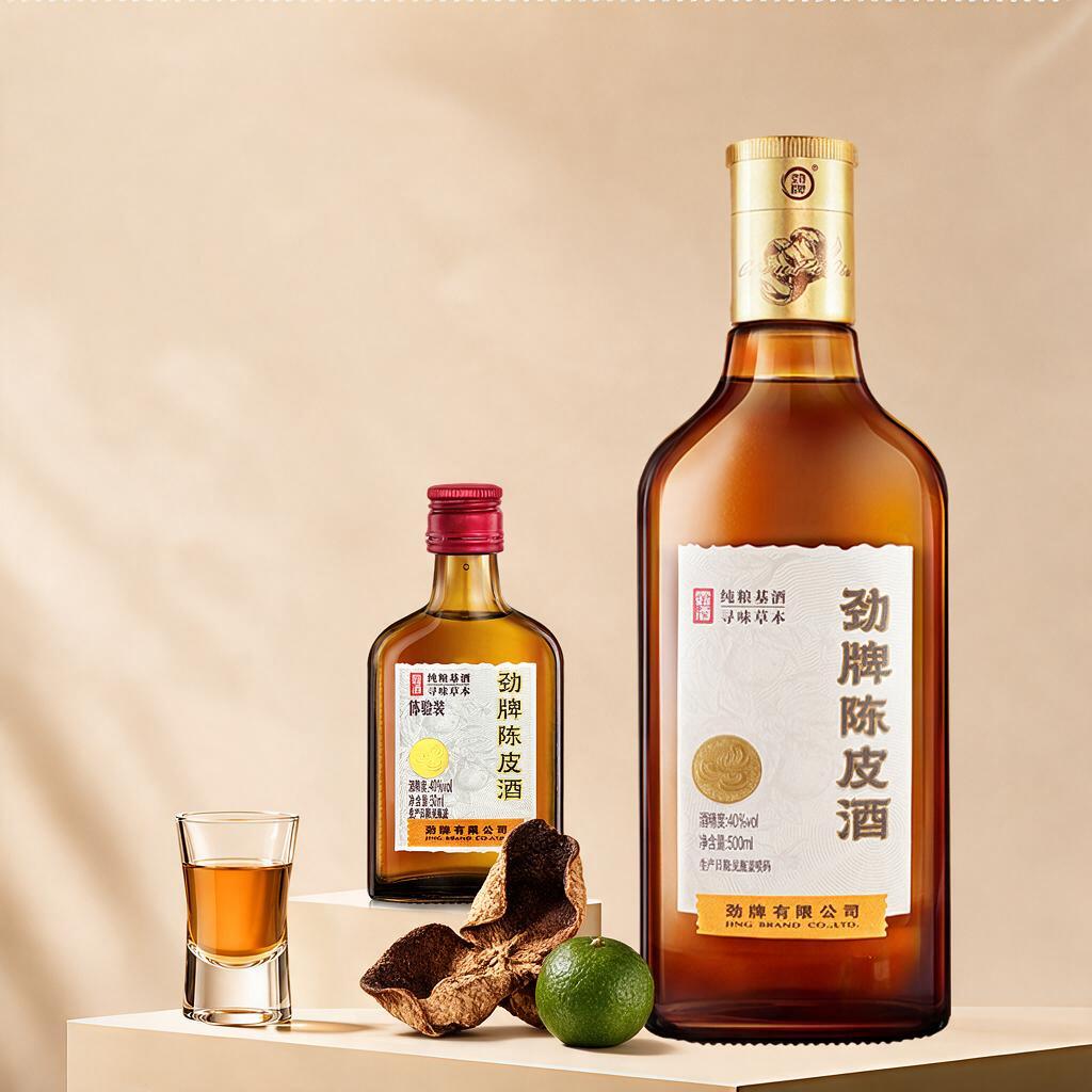 在画面中间偏下的展台空白处添加晒干的新会陈皮和1个新鲜的青柑，… - 图片创意预览