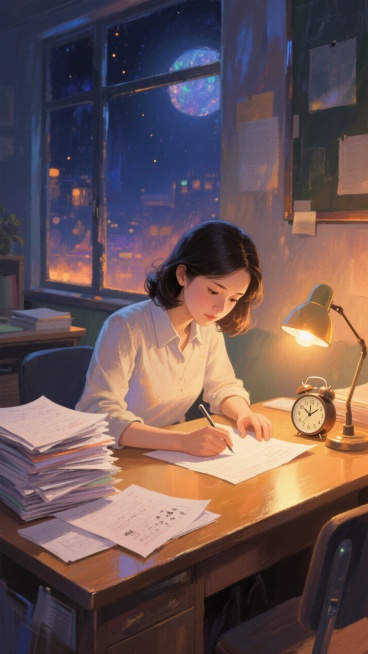 夜晚，办公桌旁，一位女老师老师在批改作业，老师凝眉，桌面上右手胖一盏台灯，台灯旁边是一台闹钟时间是10点，左手旁一打学生的作业和试卷，整体画面暖色温馨预览效果