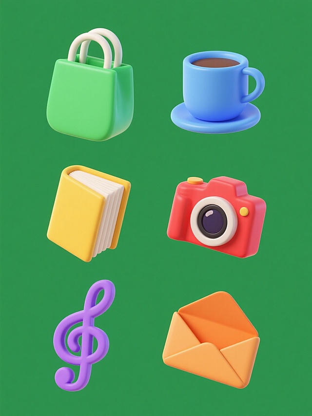 软3D风格系列素材集合，纯色背景，6个完全不同元素内容规整排布，保持元素类目。第一个元素为绿色背景上的立体购物袋图标，圆润造型，高光柔和，阴影细腻；第二个元素为蓝色背景上的立体咖啡杯图标，杯身光滑，带有弧形把手，底部有轻微投影；第三个元素为黄色背景上的立体书本图标，书页有层次感，书脊清晰，整体呈倾斜放置；第四个元素为红色背景上的立体相机图标，镜头突出，机身有圆润边角，细节丰富；第五个元素为紫色背景上的立体音乐符图标，音符线条流畅，具有立体感，悬浮于背景之上；第六个元素为橙色背景上的立体信封图标，信封开口处有折叠细节，整体造型简约大方。所有元素均采用统一的软3D风格，色彩鲜明，排布规整，视觉效果协调统一。