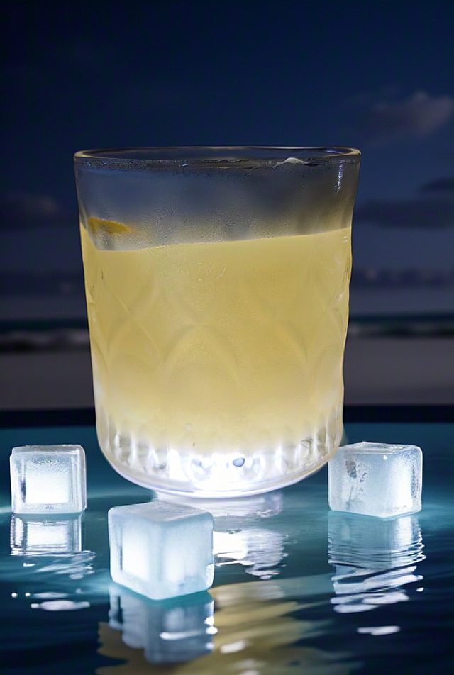 现代感玻璃杯盛装清爽饮品，冰块点缀，尽显夏日清凉。