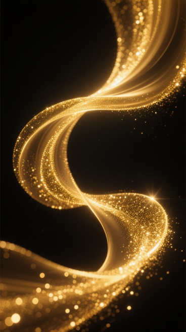 抽象背景，大面积留白，黑色背景上金色发光流体曲线，流动的金色光带，金色粒子，金色闪光，粒子效果，光效，流体形态，动态感，金色渐变，优雅流动，精致光效，高端大气，奢华质感，细腻粒子，金色光点，无文字，无logo，无二维码，无电话号码，无地址信息预览效果