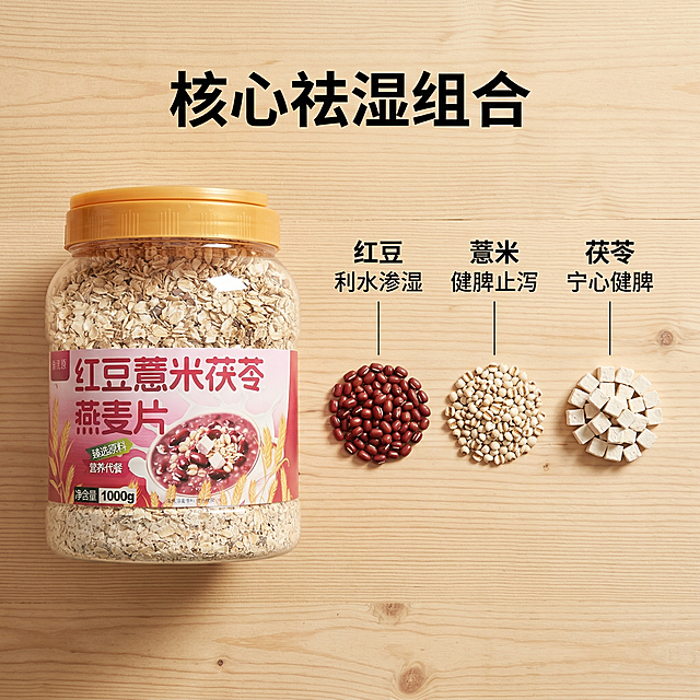[主图 2] 展示红豆薏米茯苓燕麦片核心原料
[氛围/风格] 自然健康食材风格，干净通透，自然阳光照射
[画面元素] 桶装产品放在左侧，右侧摆放新鲜红豆、薏米、茯苓块三种核心原料的实物特写，每种原料独立摆放干净整齐，产品外观与原图完全一致，背景为浅原木色桌面，保留产品信息完整展示
[配色色系] 主色调：原木浅棕色，原料自然色彩；辅助色：产品标签红粉色点缀
[视角构图] 平视横向构图，产品+原料分区展示，构图均衡，无边框
[文字版式] 主标题："核心祛湿组合"（黑色粗体大字，顶部居中），引线标注每种原料："红豆 利水渗湿""薏米 健脾止泻""茯苓 宁心健脾"（细线连接对应原料，黑色小字），文字清晰不遮挡主体
[比例分辨率] 1:1比例，2k分辨率