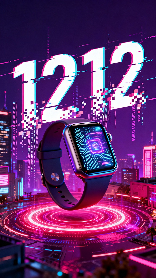 赛博朋克风智能手表悬浮于霓虹都市，故障艺术数字“1212”闪耀未来感，重拟物设计融合虚拟现实元素，科技与酷炫碰撞。
