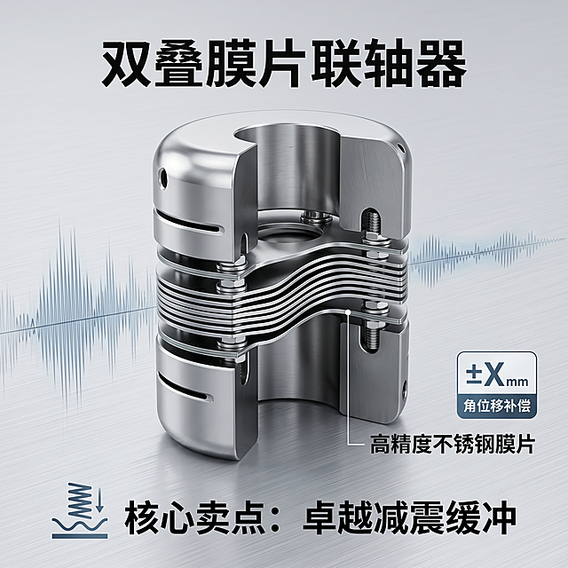 双叠膜片联轴器电商卖点主图，展示产品膜片结构特写，强调减震缓冲特性，工业风，简洁背景，1:1比例适配天猫平台