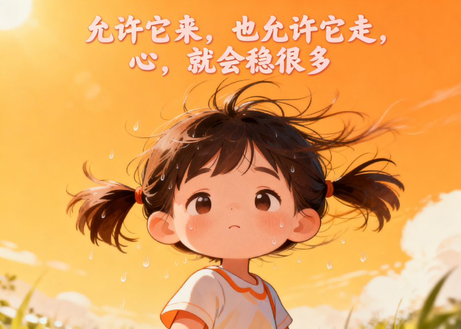可爱风动画图，描绘风吹乱头发但也带走闷热的场景，配文“允许它来，也允许它走，心，就会稳很多”预览效果