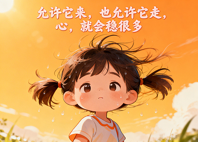 可爱风动画图，描绘风吹乱头发但也带走闷热的场景，配文“允许它来，也允许它走，心，就会稳很多”