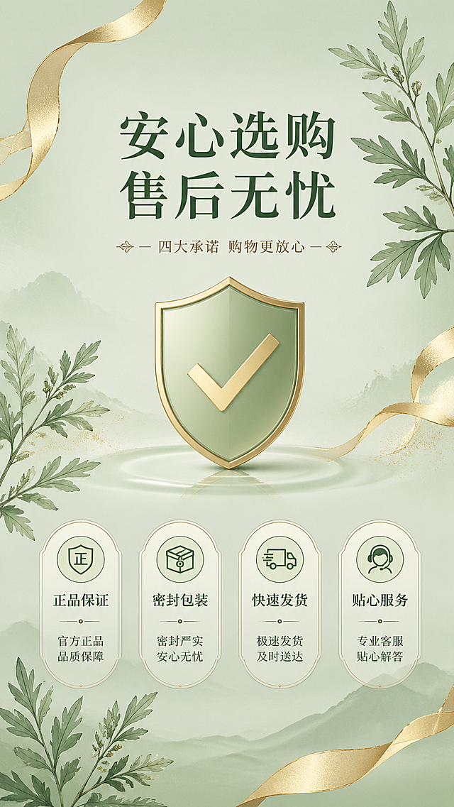 9:16 poster, light sage green background with elegant ink artemisia leaves and light gold ribbon elements. Center: a shield with checkmark symbolizing guarantee. Four promises listed below: authentic product, sealed packaging, fast delivery, considerate service. Text placeholder "安心选购 售后无忧". Trustworthy, high-quality, modern Chinese aesthetic.