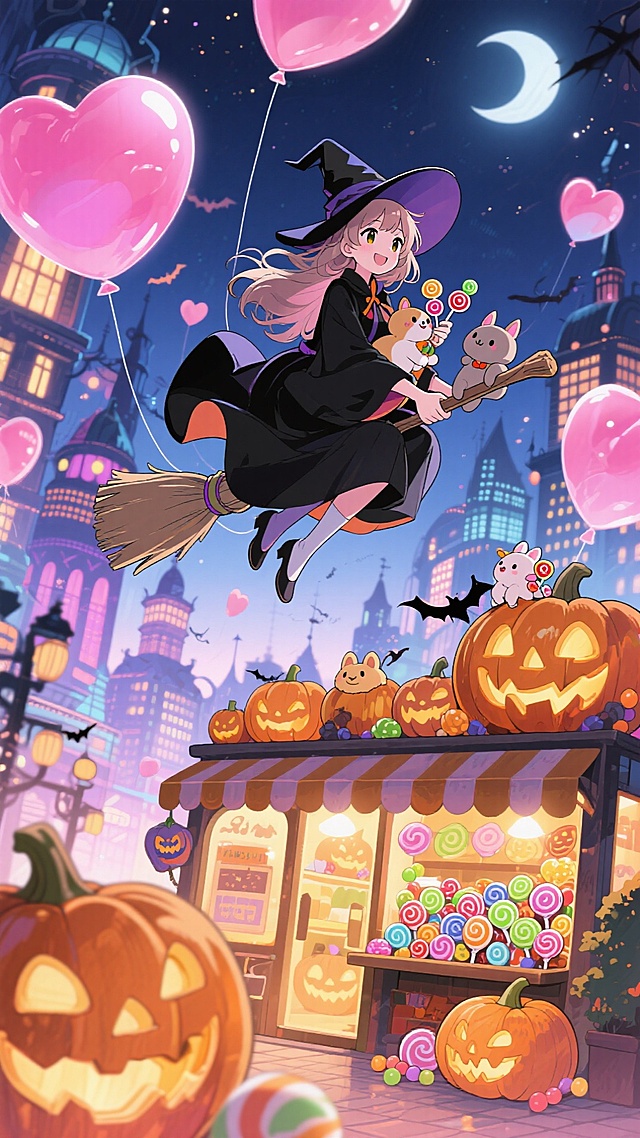 梦幻甜萌的万圣夜，巫师少女骑扫帚飞越糖果摊，心形气球与南瓜灯交织，插画风+拟人风+水彩质感，温馨又奇幻。