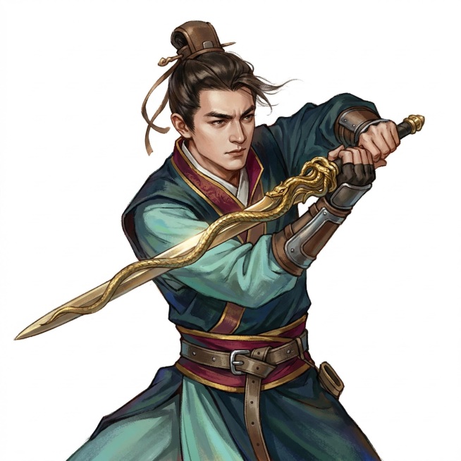 模仿这张图片的比例和画风，绘制武侠游戏中的人物立绘，人物的动作、姿势、服饰和发型贴近金庸武侠小说碧血剑中的袁承志，人物的五官和表情贴近男明星林更新，要求很明显看出是林更新，手持金蛇剑，做出挥剑的动作。预览效果