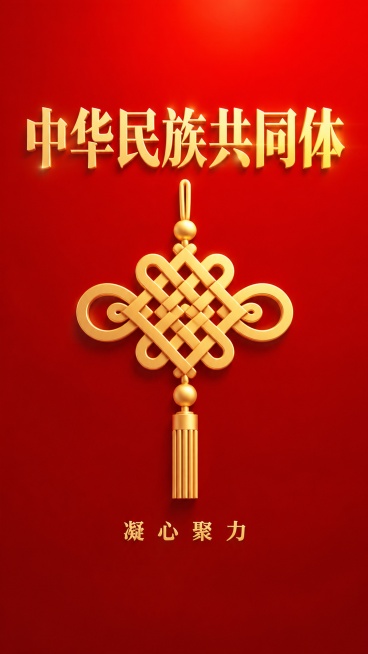简洁庄重的红色宣传海报，主题是筑牢中华民族共同体意识。仅保留核心主视觉，中心放置简约中国结，上方大字主标题"中华民族共同体"，下方小字副标题"凝心聚力"，无多余装饰元素。整体构图简洁大气，纯色渐变红底预览效果