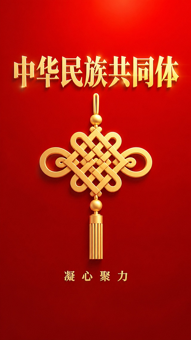 简洁庄重的红色宣传海报，主题是筑牢中华民族共同体意识。仅保留核心主视觉，中心放置简约中国结，上方大字主标题"中华民族共同体"，下方小字副标题"凝心聚力"，无多余装饰元素。整体构图简洁大气，纯色渐变红底金字，信息层级清晰，版式精美，符合主流宣传风格，超清4K画质。