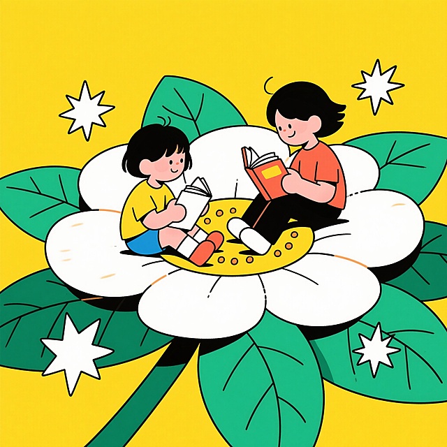 鲜花，小朋友坐在上面；一个人正坐在叶子上看书，一个人侧作在花蕊上看书，周围爆炸星星，简单线条点缀；潮流感，撞色，鲜艳明快配色，黄色背景。扁平插画风格