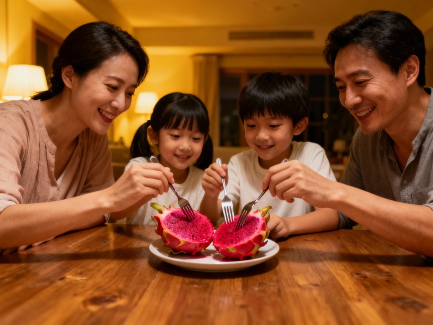 帮我生成晚饭后一家人坐在一起吃火龙果的温馨场景预览效果