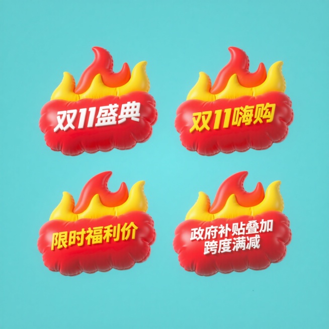 4个规整排布的促销标签素材，每张标签均为规整排布的单一促销标签，标签采用纯色背景，包含“双11盛典”、“双11嗨购”、“限时福利价”、“政府补贴叠加跨度满减”文案，标签设计带有火焰装饰元素，主色调为红预览效果