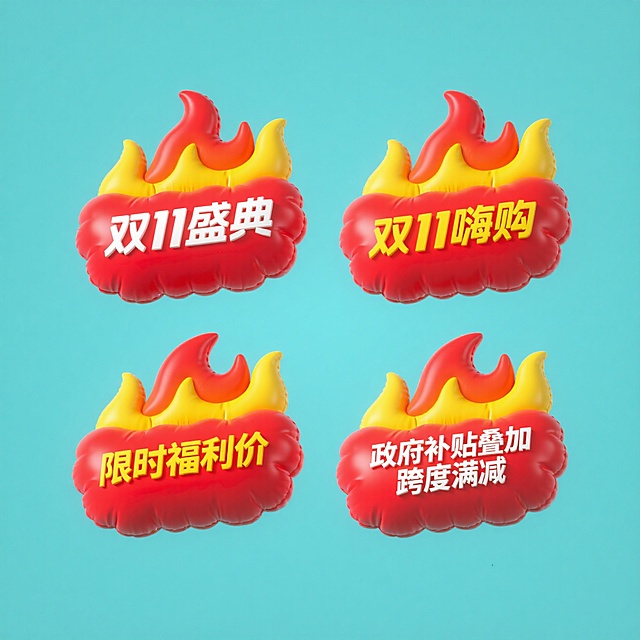 4个规整排布的促销标签素材，每张标签均为规整排布的单一促销标签，标签采用纯色背景，包含“双11盛典”、“双11嗨购”、“限时福利价”、“政府补贴叠加跨度满减”文案，标签设计带有火焰装饰元素，主色调为红色和黄色，色彩和谐度高