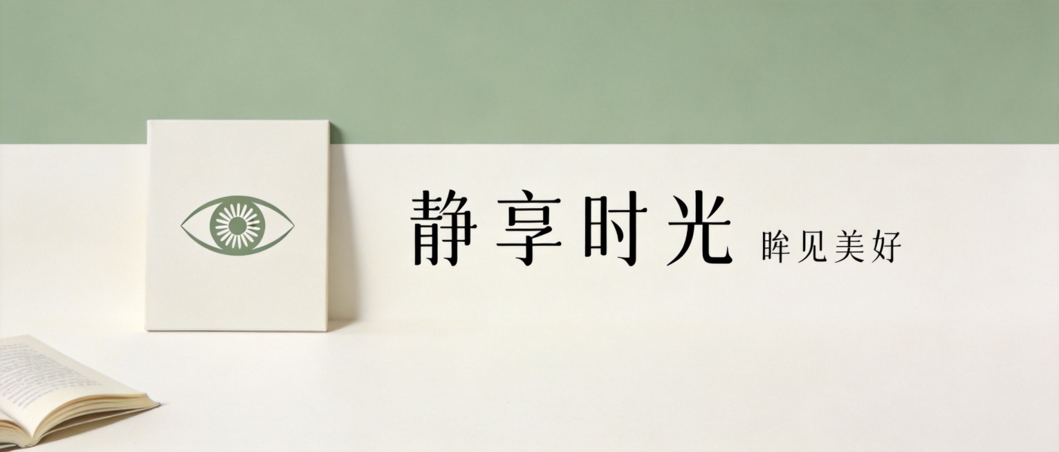 极致干净极简风横版极窄海报，大面积浅米白背景留白，左侧放置茉莉眼睛融合品牌Logo，右侧依次排列“静享时光”主标题和“眸见美好”小字，仅保留左下角一小角摊开的书，去掉右下角茉莉花，构图极致简约，画面超预览效果