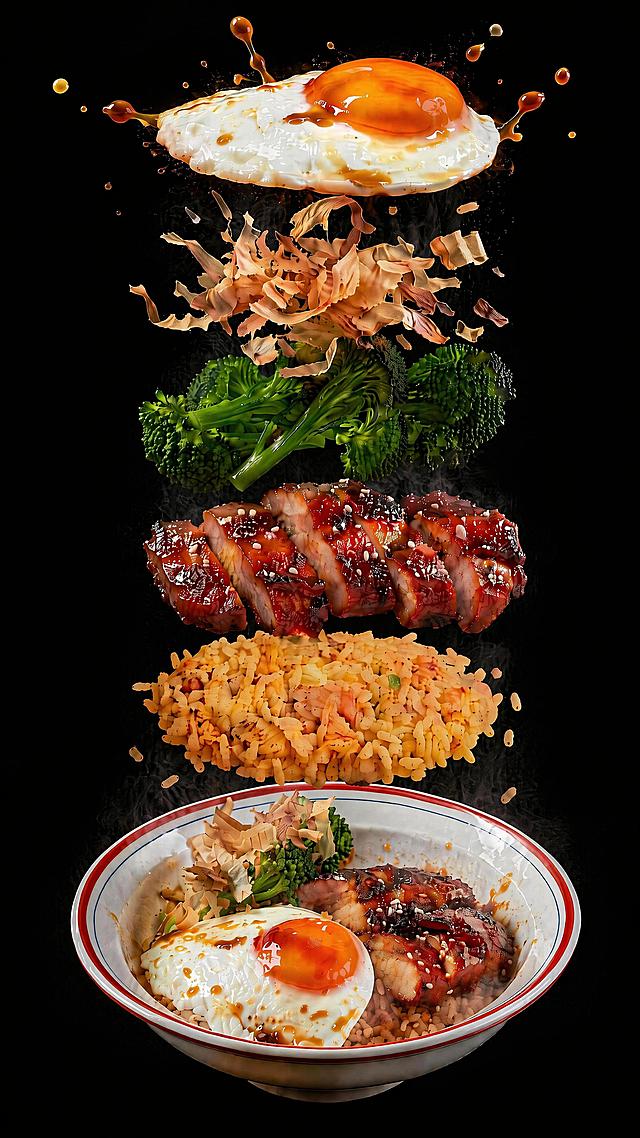 减少画面中的热气量，只保留淡淡的、不覆盖悬空分层食材的少量热气，保留荷包蛋周围的飞溅销魂汁，保持原有的分层结构、纯黑背景、食材外形和构图不变，维持8K超写实美食摄影的细节效果