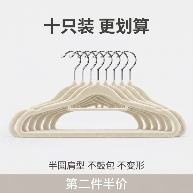 [主图 5] 多只套餐展示，突出性价比促进下单
[氛围风格] 整齐陈列，量大实惠，干净整洁
[画质] 商业摄影质感，光线柔和通透，产品清晰真实，画面干净高级
[元素] 十只米白色植绒衣架整齐并排陈列在预览效果