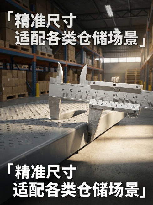制作一张3:4比例的工业产品海报，仓库实景为背景，手推车灰色彩色带圆孔车板平放，游标卡尺放置在车板边缘测量厚度，清晰显示测量结果为45mm，阳光从侧面打光凸显卡尺金属质感和车板平整度，搭配文字「精准尺预览效果