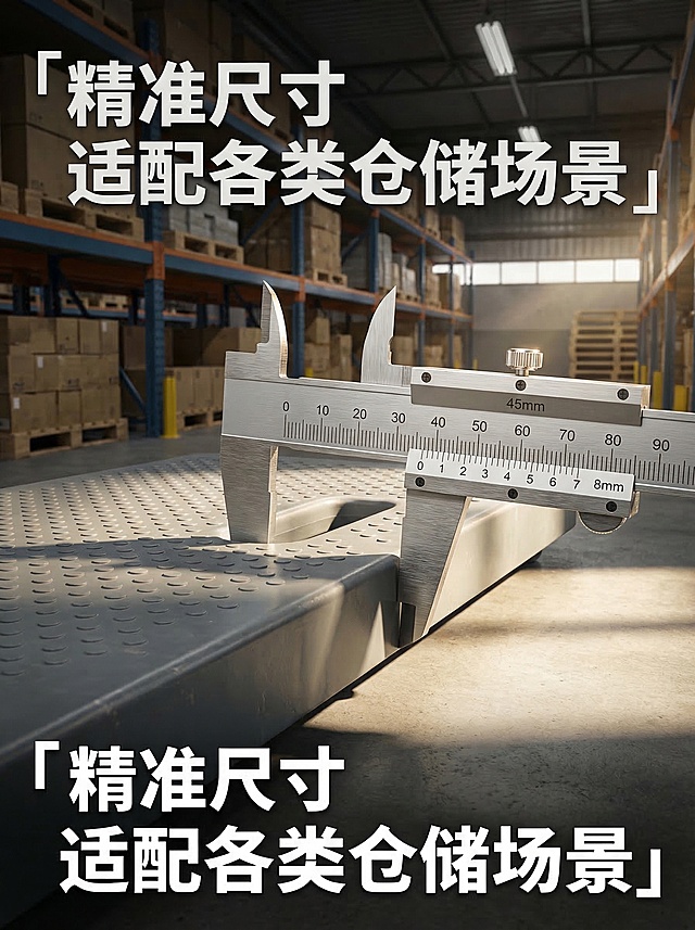 制作一张3:4比例的工业产品海报，仓库实景为背景，手推车灰色彩色带圆孔车板平放，游标卡尺放置在车板边缘测量厚度，清晰显示测量结果为45mm，阳光从侧面打光凸显卡尺金属质感和车板平整度，搭配文字「精准尺寸 适配各类仓储场景」，风格硬朗大气，专业商务，适合电商和工业采购客户