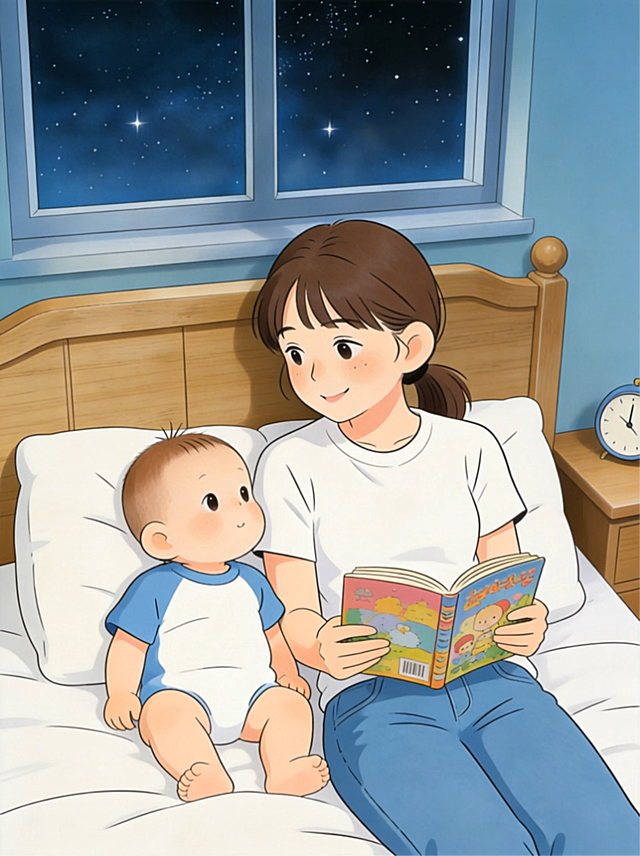 妈妈把书合上，跟宝宝说“晚安，我们睡觉咯”