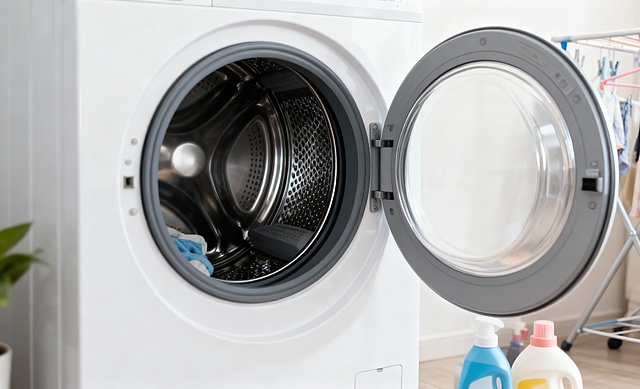 打开圆筒洗衣机，放进洗衣房圆筒洗衣机里