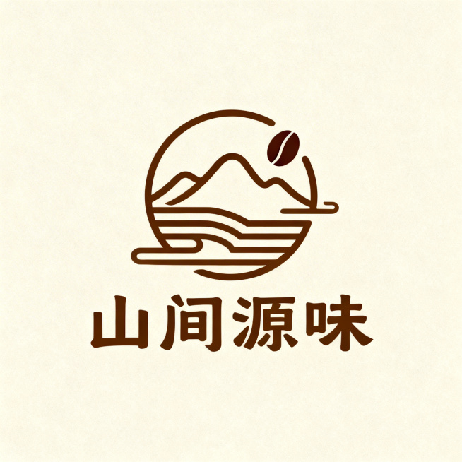 logo设计，品牌名称“山间源味”，咖啡食品行业精品咖啡，简约自然东方美学风格，包含山和咖啡豆元素，使用极简线条设计，主色为深棕色，辅色为暖米白，整体感觉温暖高级预览效果