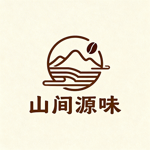 logo设计，品牌名称“山间源味”，咖啡食品行业精品咖啡，简约自然东方美学风格，包含山和咖啡豆元素，使用极简线条设计，主色为深棕色，辅色为暖米白，整体感觉温暖高级