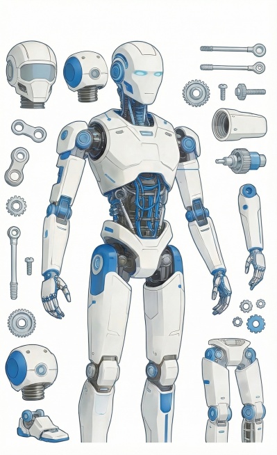 生成和参考图一样的蓝白配色机器人拆解图，包含完整机器人主体和各个拆分的零部件，白色背景预览效果