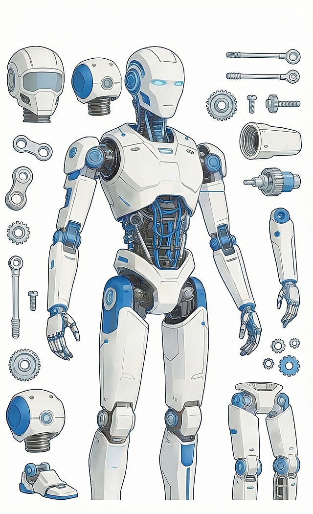 生成和参考图一样的蓝白配色机器人拆解图，包含完整机器人主体和各个拆分的零部件，白色背景