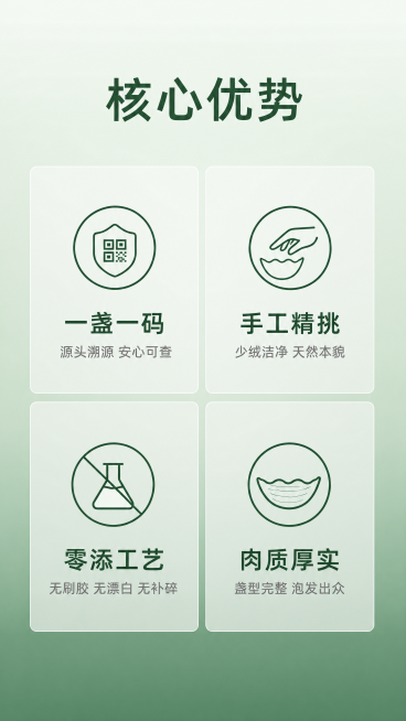 第1屏 首屏主视觉（封面，黄金首屏）
 
构图：居中构图，主体干盏燕窝/清炖燕窝置于画面中下，四周大幅留白
配图：整盏干燕窝静物特写，柔光侧拍，质感通透
文字（从上至下，层级分明）
顶部小字（浅灰）：预览效果