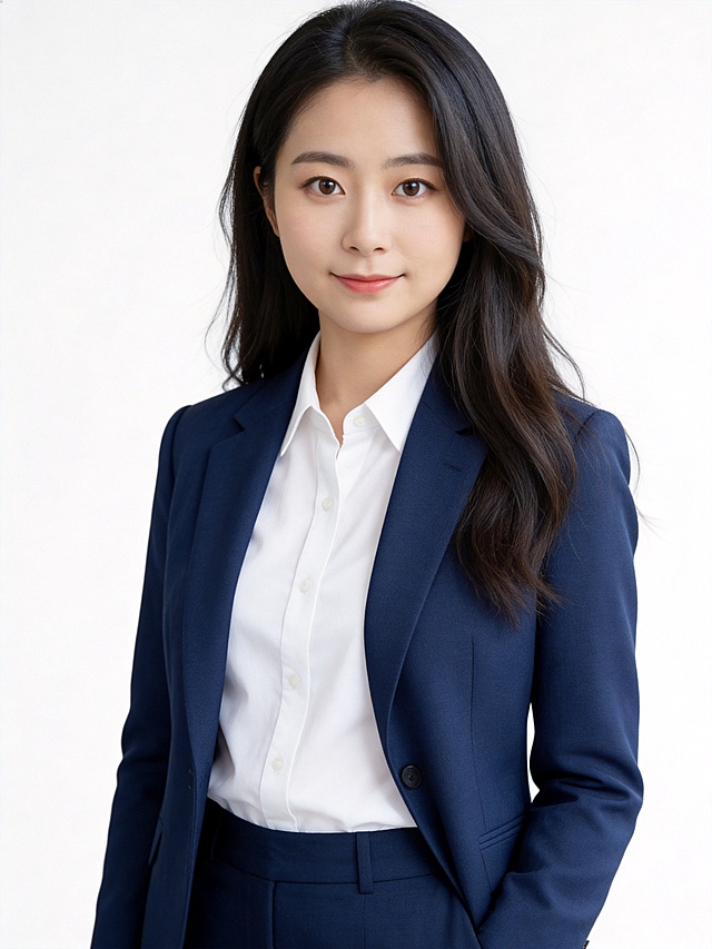 参考图中保留人物脸型、发型、年龄等特征生成职场形象照,标准焦段50mm,f/4光圈(f/2.8-f/4区间),平视视角(镜头与人物视线齐平);人物占画面70%,人物居中(居中构图),位于画面中心,为视觉聚焦点,入境范围头部及以下至臀部下方10cm(半身像);左右留少量背景空间;头部与画面顶部保留5%空间;头部发型完整,头肩比例协调,人物结构准确;发质微微柔顺，微微蓬松。身穿藏蓝色精纺羊毛混纺西装外套,(平驳领设计,面料呈细腻微微哑光质感);内搭白色高支精梳棉衬衫;下装藏蓝色精纺羊毛混纺西裤;着装正式干练;专业稳重;身形匀称,姿态端正,身体挺拔。呈自然站姿，肢体放松且自信;纯色白色背景(呈现均匀柔和质感),极简干净;32k画质超高分辨率、细节清晰,现代精致感风格;肤质精细化处理;眼神直视镜头,目光坚定且澄澈,表情自然。嘴角上扬;清透自然裸妆(轻薄底妆+淡唇妆)妆感轻薄轻透裸肌感,通透感肤质,肤色均匀白皙,雾面柔光裸肌感,保留真实毛孔纹理,自然提亮｡正面柔光补光,4800K中性光,面部光比1:1.5,色调明亮｡中近景写实摄影,对焦清晰,高清保留皮肤细节｡分辨率4K,去除人物之外的所有元素。严格按照图片内容生成。