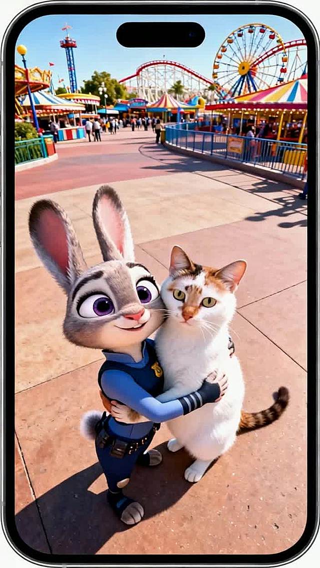 卡通感十足的3D拟人角色在游乐园中互动，虚拟现实风格呈现欢乐氛围，节日庆典气息浓厚。