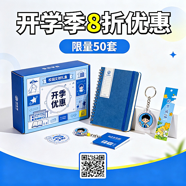 青春活力风格校园定制文创礼盒促销海报，包含文创礼盒笔记本、钥匙扣、书签产品实物元素，带有促销文字"开学季8折优惠"和"限量50套"，预留购买二维码占位，面向在校大学生，活力青春校园色调，设计简洁醒目，信息层级清晰