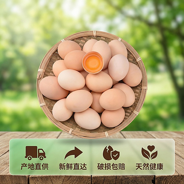 [垫图] https://gdesign-dam-hz.dancf.com/35977571442349177/9063321879734676aa89c73283f1b71b.png
[主图主题] 农家谷物鸡蛋服务承诺展示
[氛围/风格] 田园整洁自然风，干净清晰
[画面元素] 整篮农家鸡蛋居中摆放，整体完整展示，背景为浅虚化的绿色田园，干净通透，突出产品整体感
[配色色系] 主色调：浅棕鸡蛋、绿色背景；辅助色：白色文字
[视角构图] 俯视整体构图，主体完整居中，背景全屏无边框
[文字版式] 画面底部设置半透明渐变悬浮条，横向排列四个服务卖点图标+文字：「 产地直供 」「 新鲜直达 」「 破损包赔 」「 天然健康 」，字体为深棕色无衬线字体，不遮挡鸡蛋主体，层级分明，留白合理
[比例分辨率] 2k分辨率