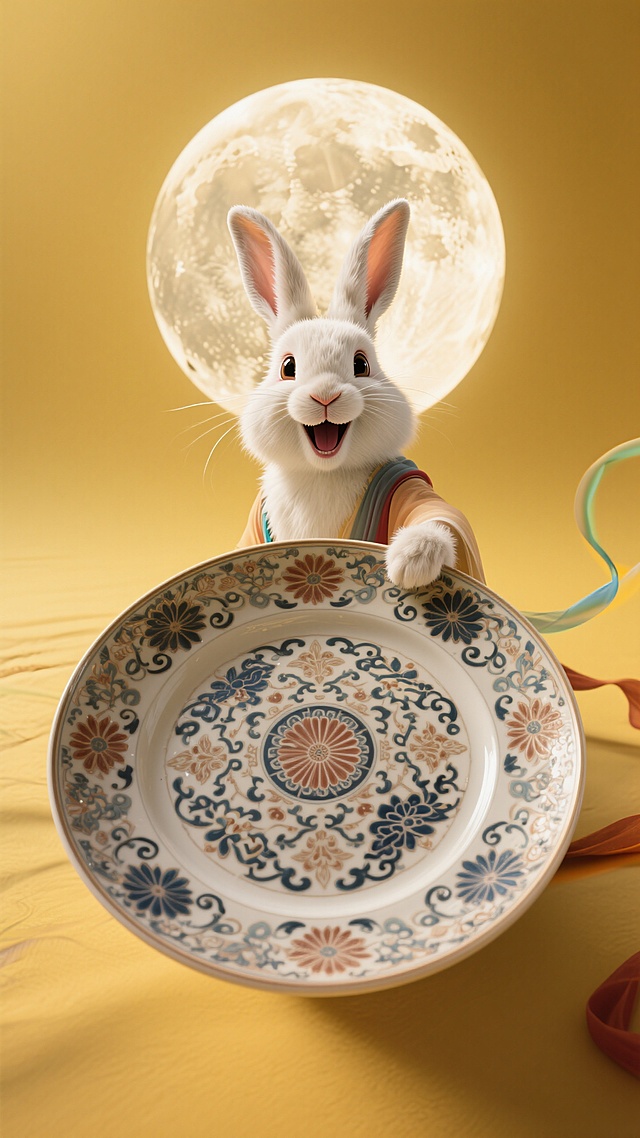 俯瞰全景摄影，一只拟人化的嫦娥白兔，脸怼镜头大笑，右手托着巨大的中式花纹的盘子向前伸到镜头前面（居中特写盘子），干净的纯黄色背景有一个巨大的圆月图形，球形超广角，暖色调