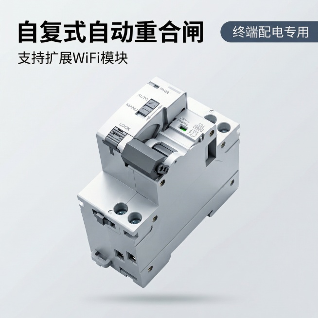[主图1 首图] DPN自动重合闸断路器产品展示，简约严谨工业风格，终端配电专业场景，产品外观与原图保持100%一致，产品居中悬浮在浅灰色高级工业背景中，背景干净简洁无杂质，冷硬工业光影，突出产品质感预览效果